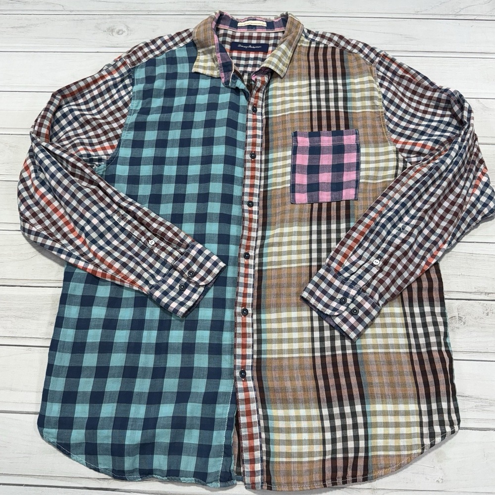 Tommy Bahama Shirt XXL Colorful Loud Carnival Mixer Patchwork Plaid Button Front
